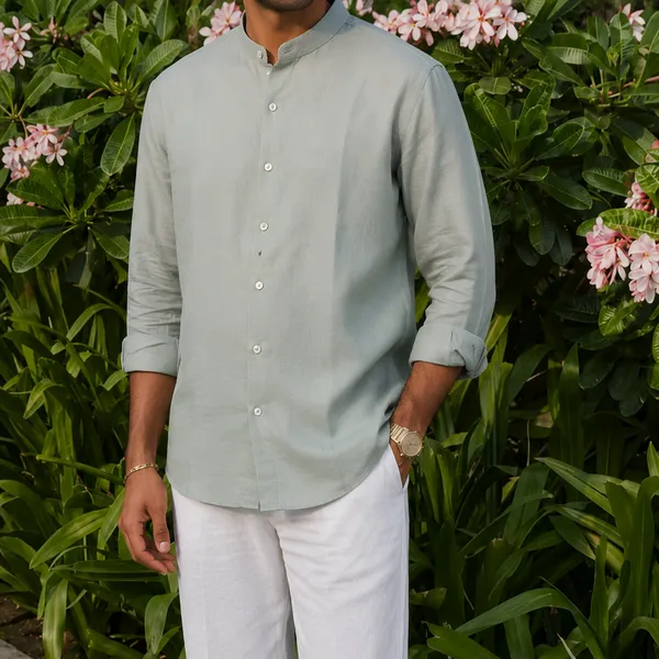 Sage_Green_Pure_Linen_Chinese_Collar_Shirt_For_Men