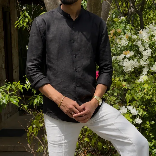 Black_Pure_Linen_Chinese_Collar_Shirt_For_Men