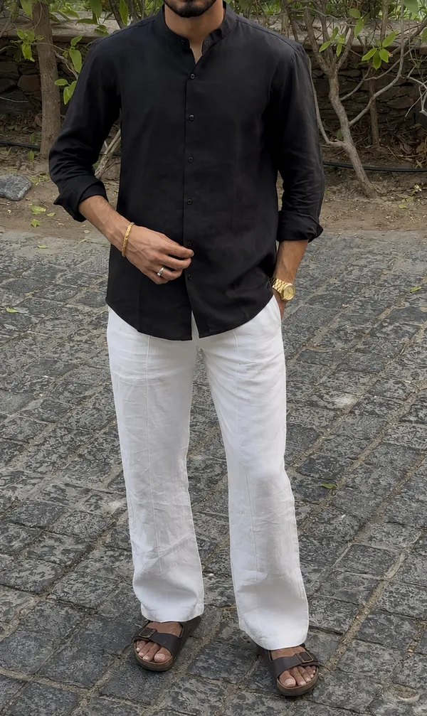 Black_Pure_Linen_Chinese_Collar_Shirt_For_Men