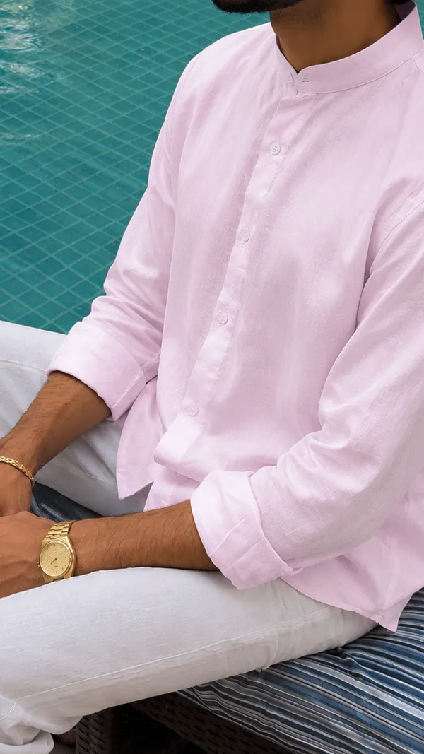Pink_Pure_Linen_Chinese_Collar_Shirt_For_Men