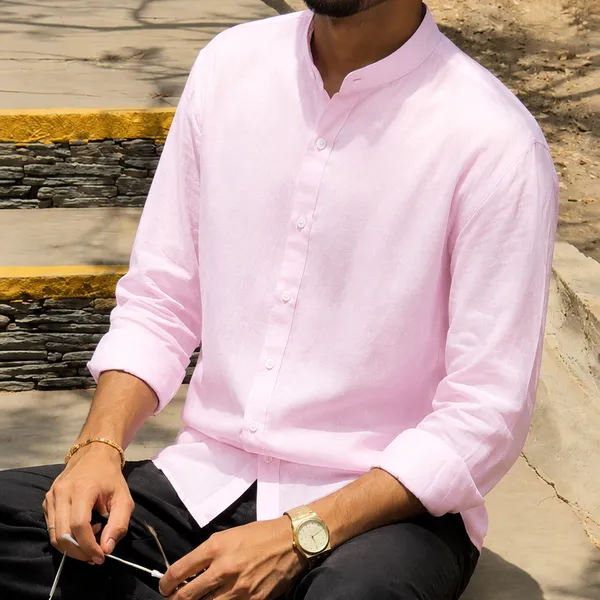 Pink_Pure_Linen_Chinese_Collar_Shirt_For_Men