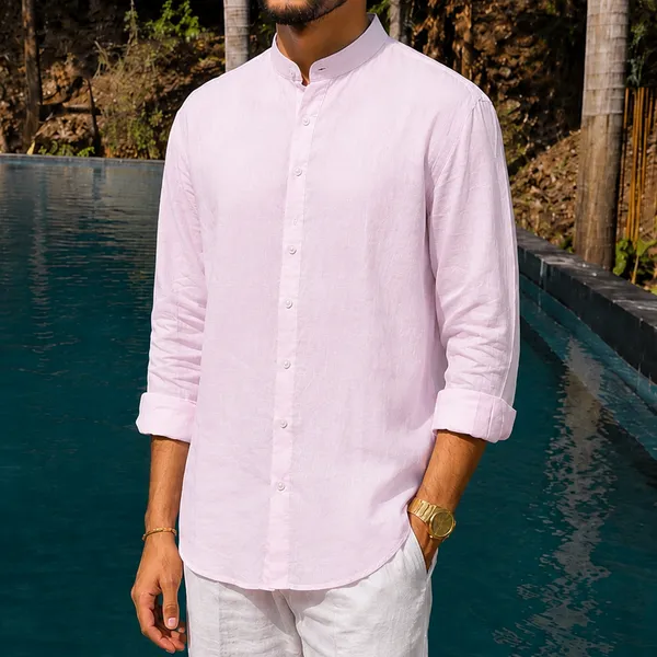 Pink_Pure_Linen_Chinese_Collar_Shirt_For_Men