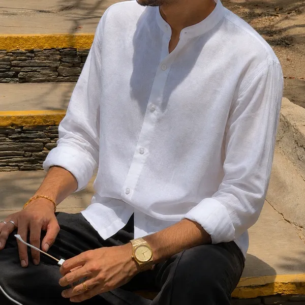White_Pure_Linen_Chinese_Collar_Shirt_For_Men