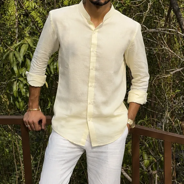 Butter_Yellow_Pure_Linen_Chinese_Collar_Shirt_For_Men