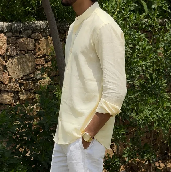Butter_Yellow_Pure_Linen_Chinese_Collar_Shirt_For_Men