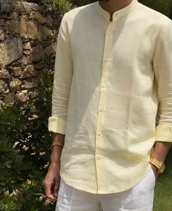 Butter_Yellow_Pure_Linen_Chinese_Collar_Shirt_For_Men