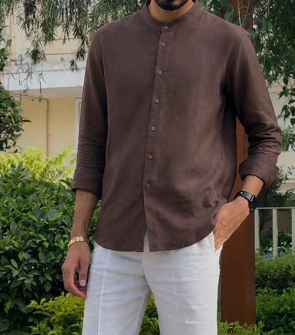 Brown_Pure_Linen_Chinese_Collar_Shirt_For_Men