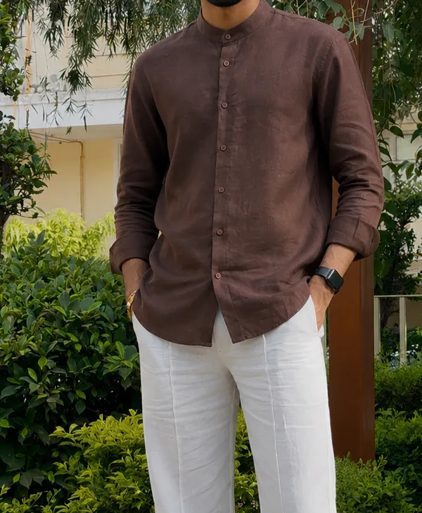 Brown_Pure_Linen_Chinese_Collar_Shirt_For_Men