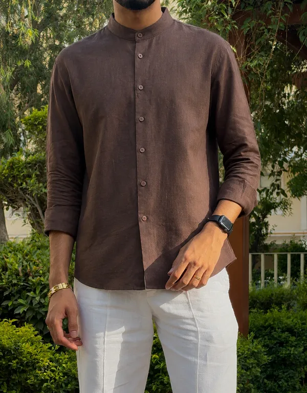 Brown_Pure_Linen_Chinese_Collar_Shirt_For_Men