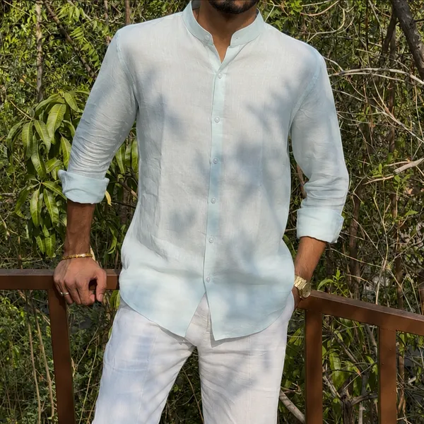 Light_Blue_Pure_Linen_Chinese_Collar_Shirt_For_Men
