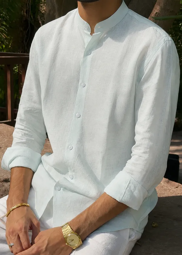 Light_Blue_Pure_Linen_Chinese_Collar_Shirt_For_Men