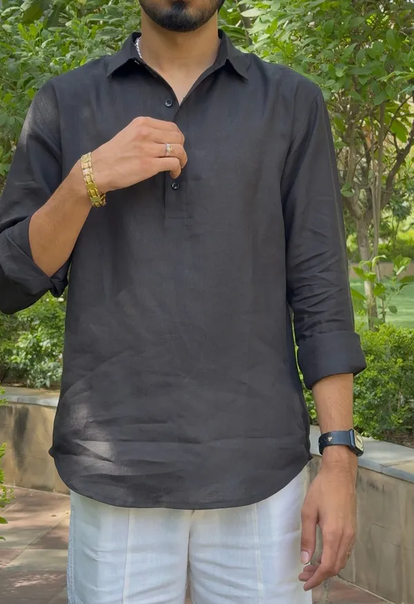 Black_Pure_Linen_Collared_Short_Kurta_For_Men