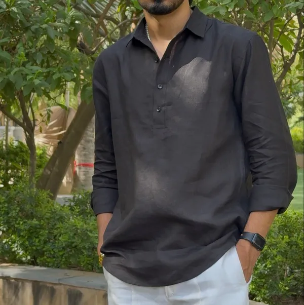 Black_Pure_Linen_Collared_Short_Kurta_For_Men