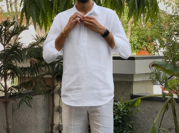 White_Pure_Linen_Collared_Short_Kurta_For_Men