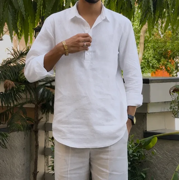 White_Pure_Linen_Collared_Short_Kurta_For_Men