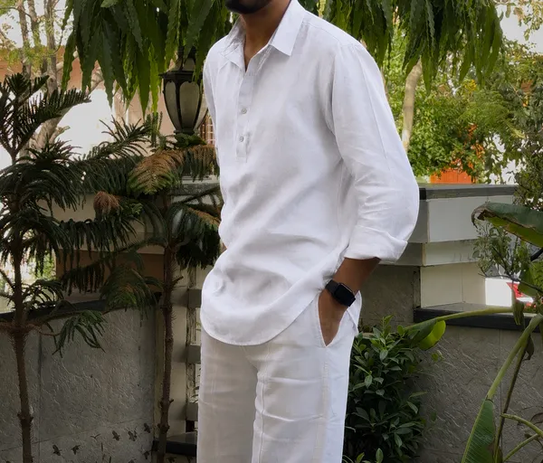 White_Pure_Linen_Collared_Short_Kurta_For_Men