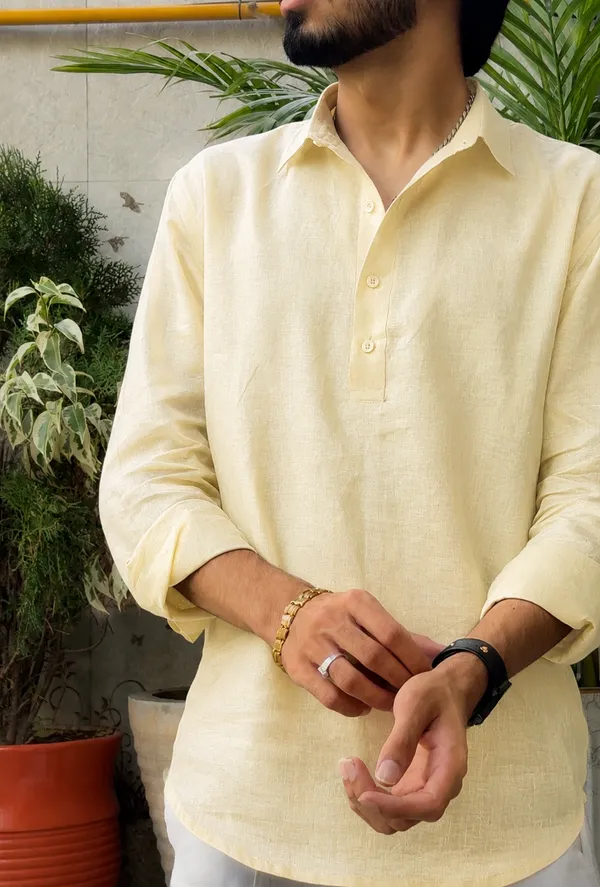 Butter_Yellow_Pure_Linen_Collared_Short_Kurta_For_Men