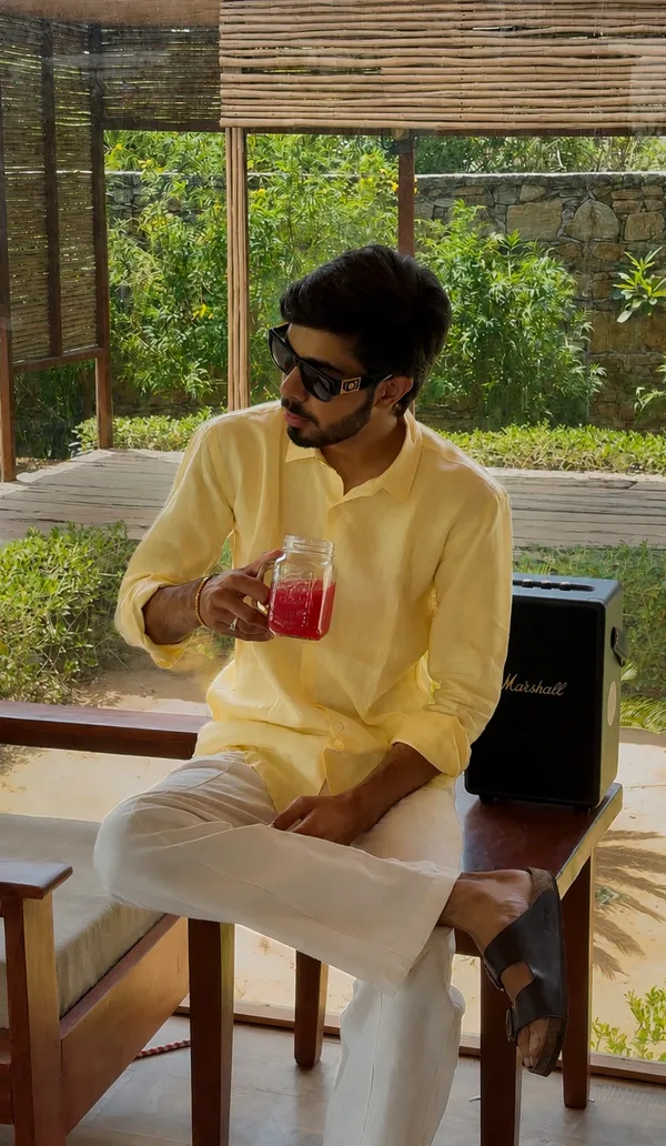 Butter_Yellow_Pure_Linen_Collared_Short_Kurta_For_Men