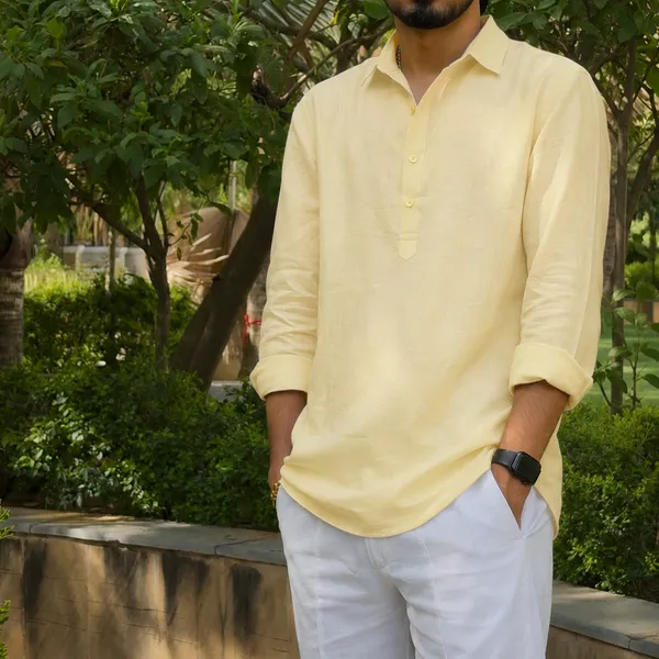 Butter_Yellow_Pure_Linen_Collared_Short_Kurta_For_Men