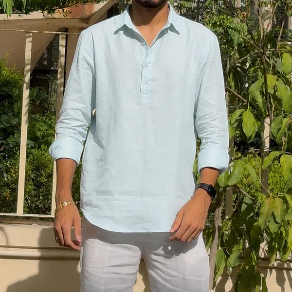 Light_Blue_Pure_Linen_Collared_Short_Kurta_For_Men