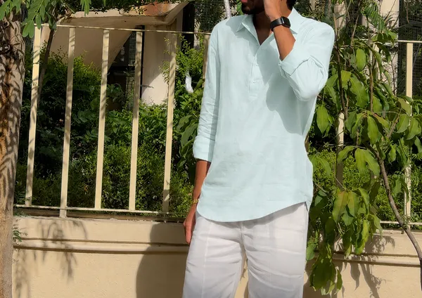 Light_Blue_Pure_Linen_Collared_Short_Kurta_For_Men