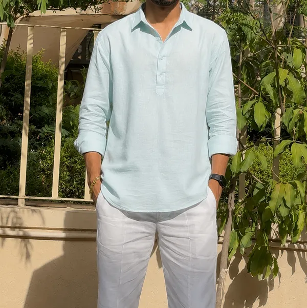 Light_Blue_Pure_Linen_Collared_Short_Kurta_For_Men