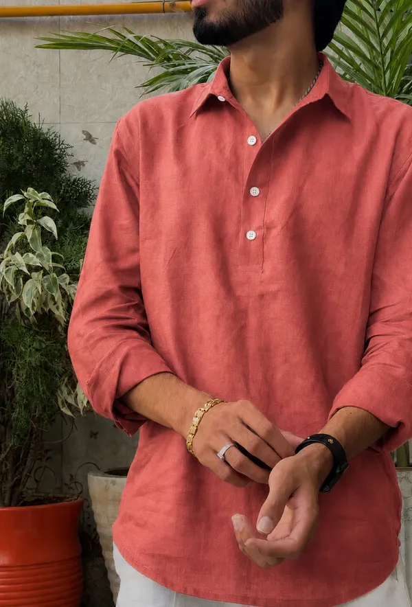 Amber_Rust_Pure_Linen_Collared_Short_Kurta_For_Men