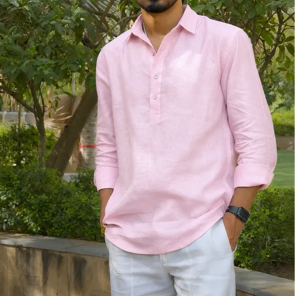 Pink_Pure_Linen_Collared_Short_Kurta_For_Men