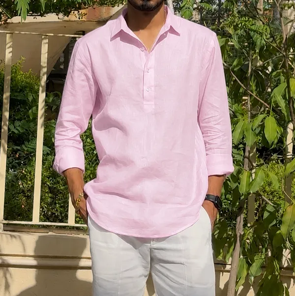 Pink_Pure_Linen_Collared_Short_Kurta_For_Men