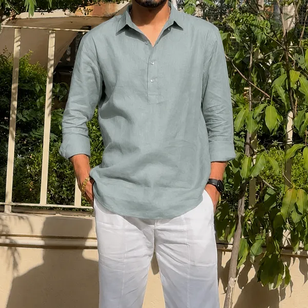 Sage_Green_Pure_Linen_Collared_Short_Kurta_For_Men