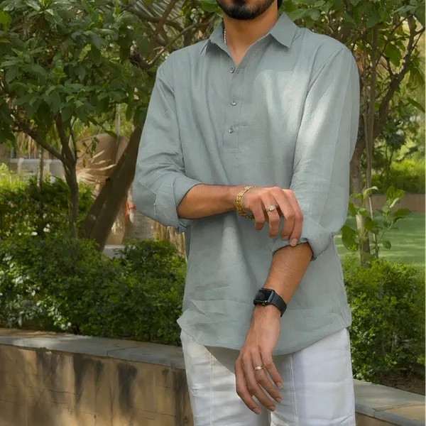 Sage_Green_Pure_Linen_Collared_Short_Kurta_For_Men