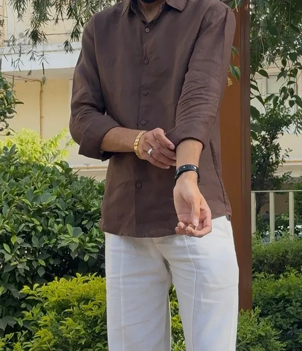 Brown_Pure_Linen_Collared_Shirt_For_Men