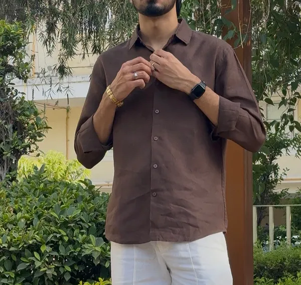 Brown_Pure_Linen_Collared_Shirt_For_Men