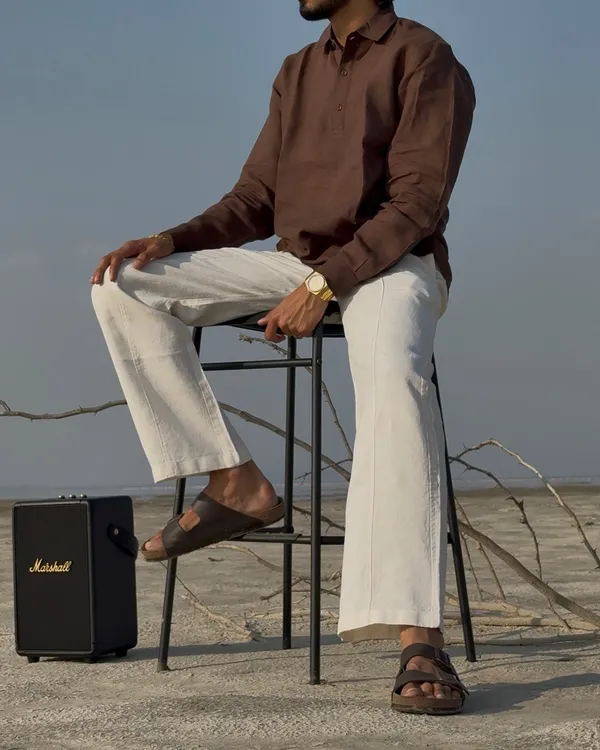 Brown_Pure_Linen_Collared_Short_Kurta_For_Men