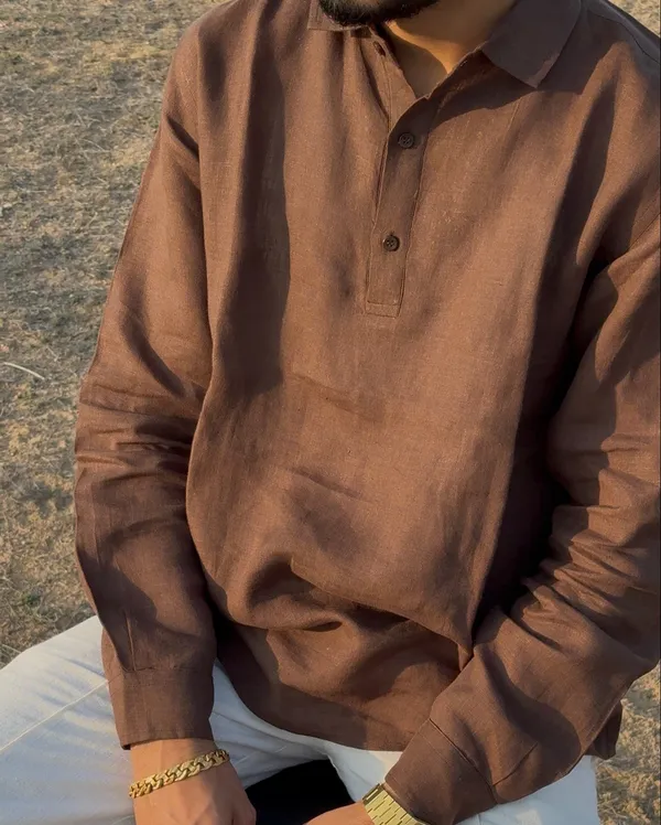 Brown_Pure_Linen_Collared_Short_Kurta_For_Men
