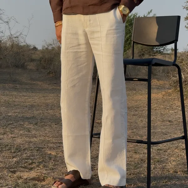 White_Pure_Linen_Relaxed_Fit_Pants_For_Men