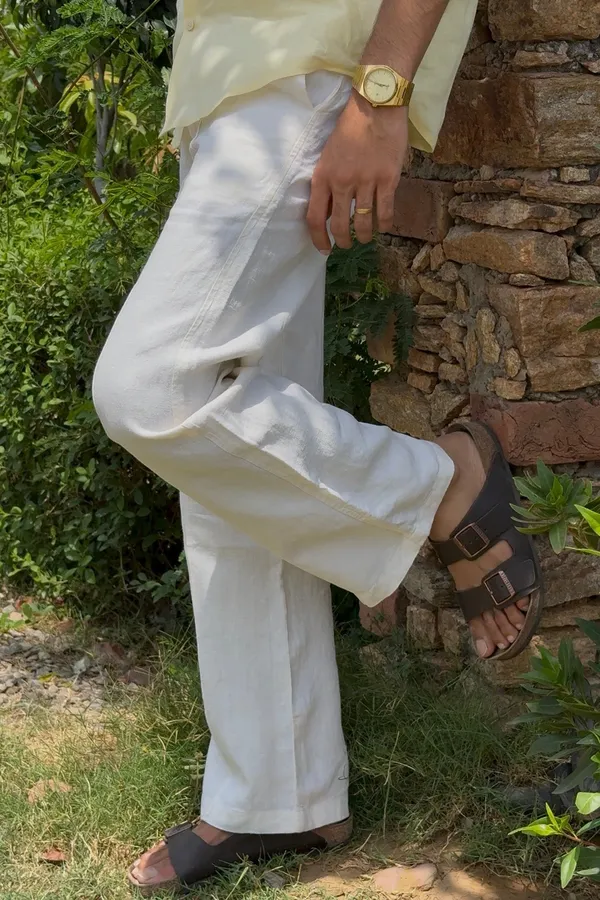 White_Pure_Linen_Relaxed_Fit_Pants_For_Men