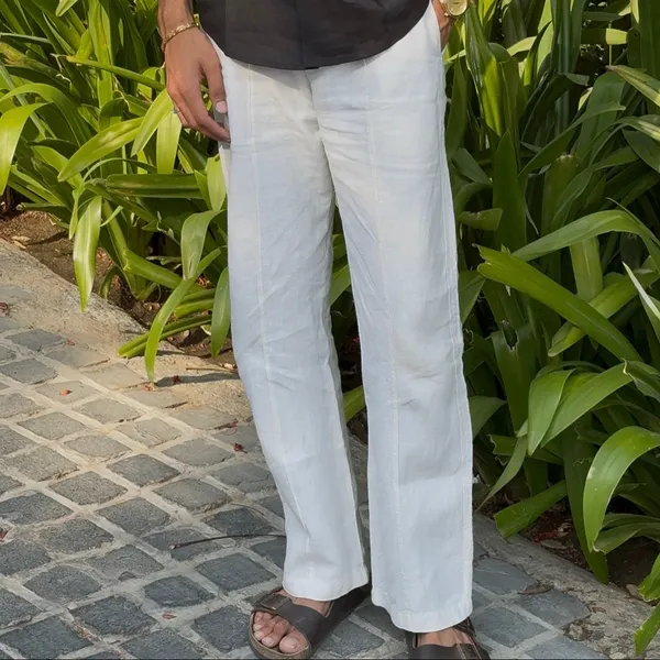 White_Pure_Linen_Relaxed_Fit_Pants_For_Men
