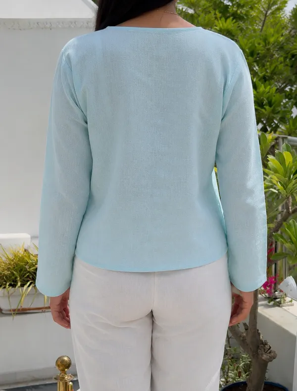 Light_Blue_Pure_Linen_Front_Tie-Up_Top_For_Women