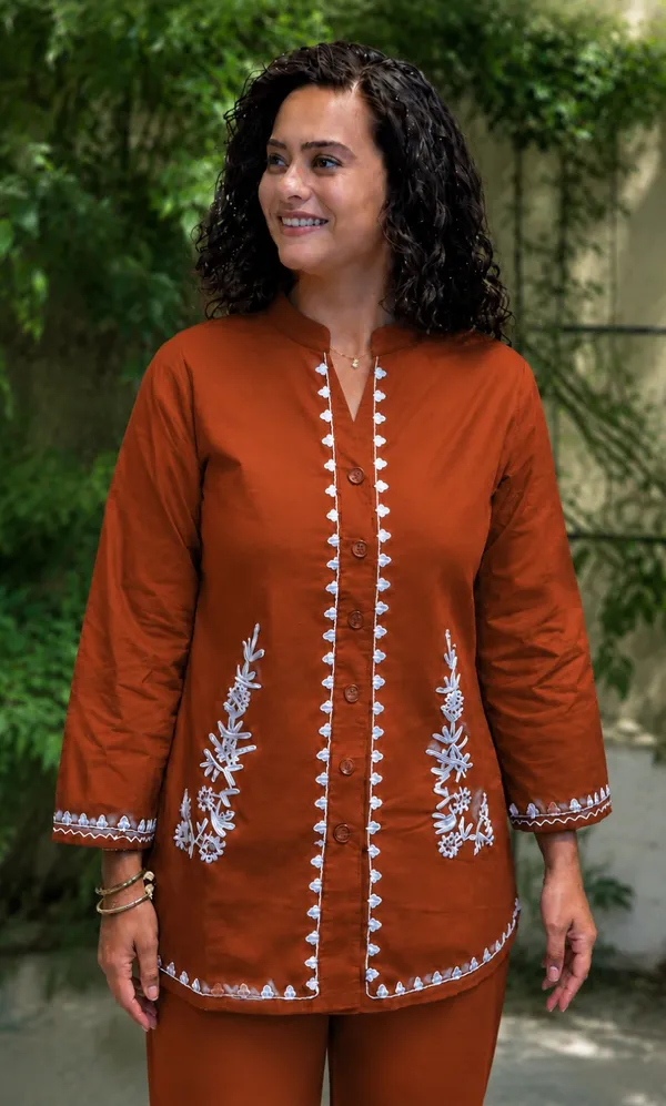 Rust_Embroidered_Kurta_Pant_Set_for_Girls