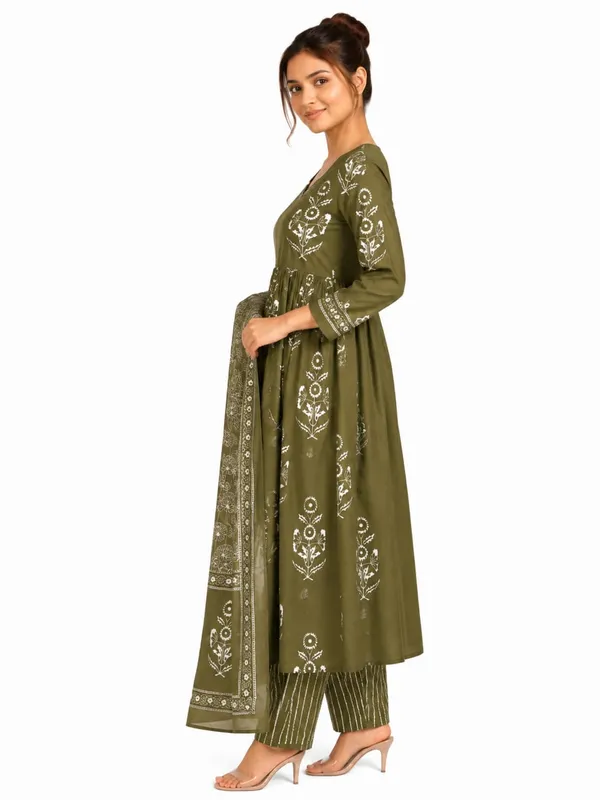 Olive_Printed_Flared_Kurta_Suit_Set_for_Women