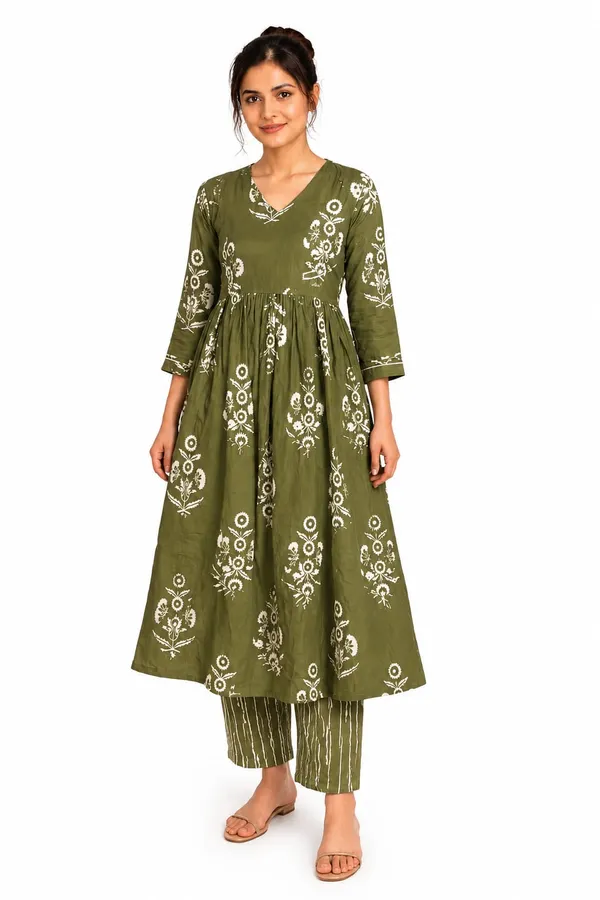 Olive_Printed_Flared_Kurta_Suit_Set_for_Women