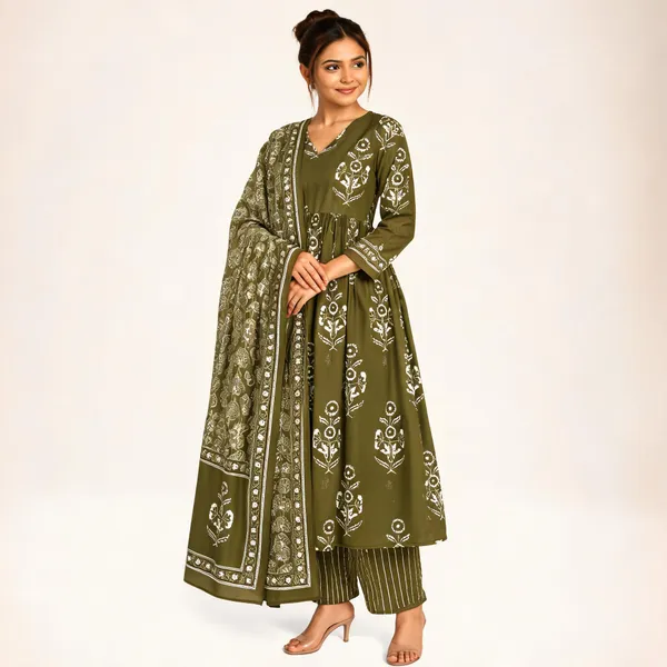 Olive_Cotton_Printed_Flared_Kurta_Suit_Set_For_Women