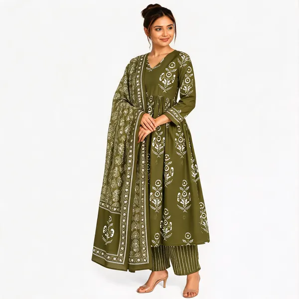Olive_Cotton_Printed_Flared_Kurta_Suit_Set_For_Women