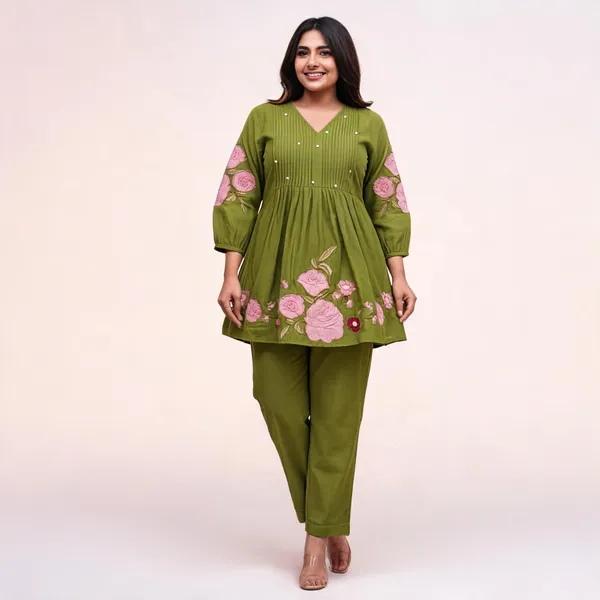Olive_Green_Cotton_Floral_Printed_Kurta_Set_For_Women