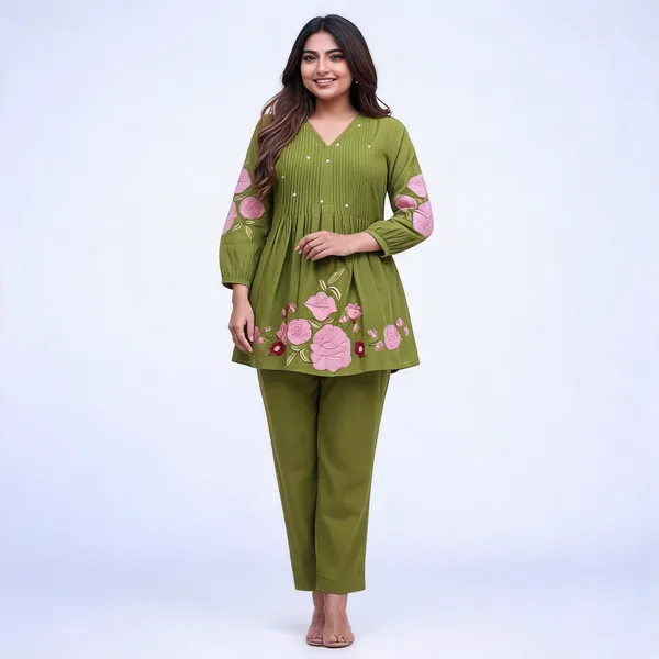 Olive_Green_Cotton_Floral_Printed_Kurta_Set_For_Women