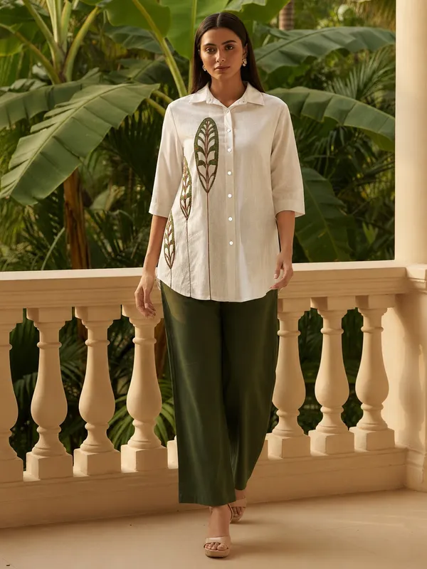Cream_Embroidered_Shirt_And_Olive_Wide_Leg_Pants_Set_For_Women