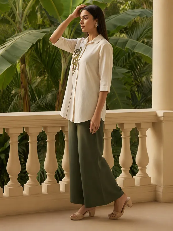 Cream_Embroidered_Shirt_And_Olive_Wide_Leg_Pants_Set_For_Women