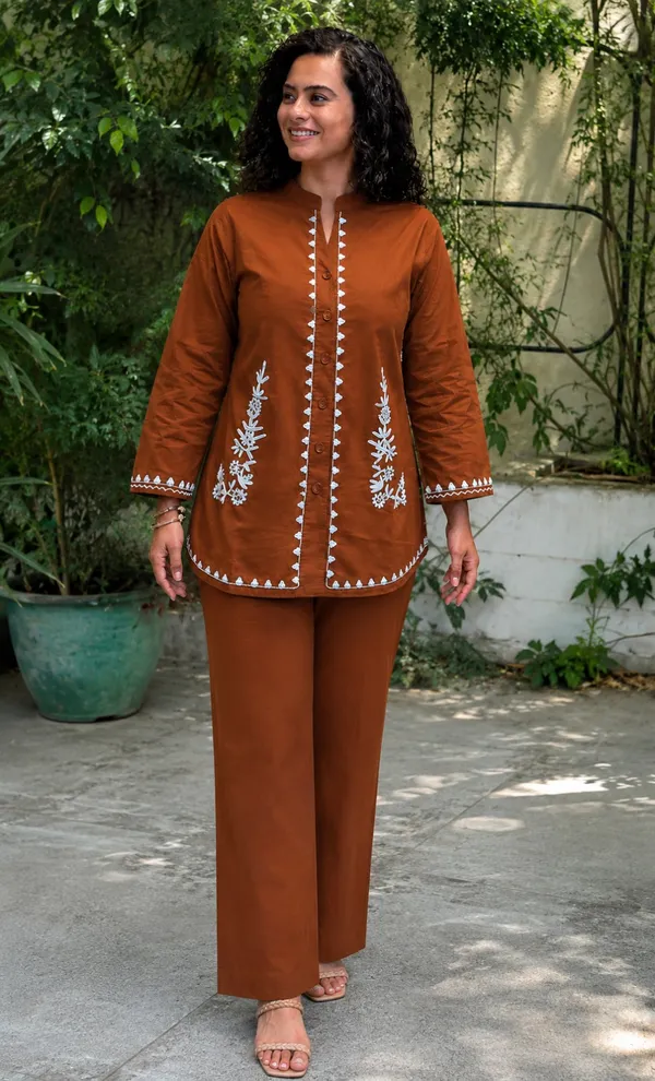 Rust_Embroidered_Kurta_Pant_Set_for_Girls