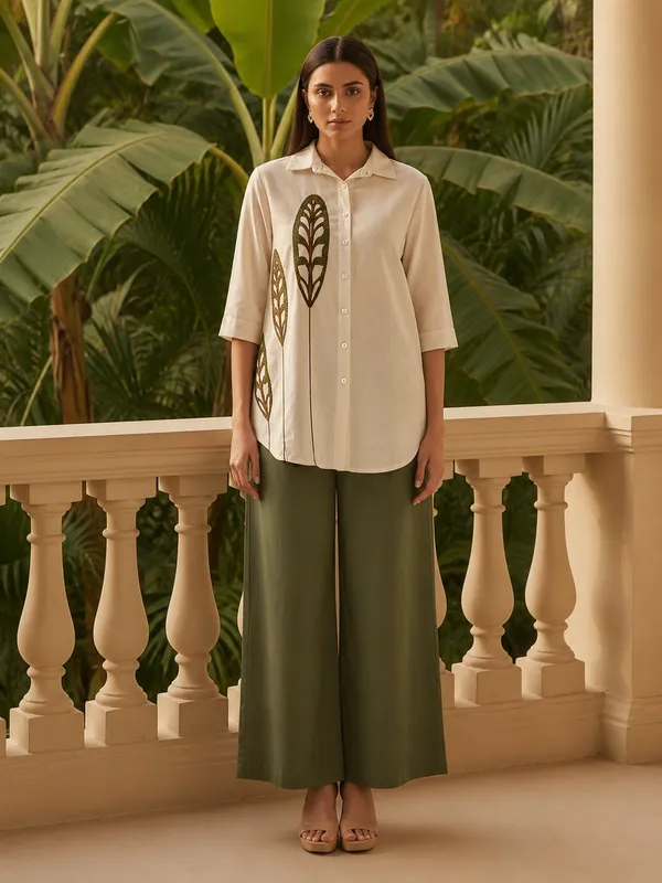 Cream_Embroidered_Shirt_And_Olive_Wide_Leg_Pants_Set_For_Women